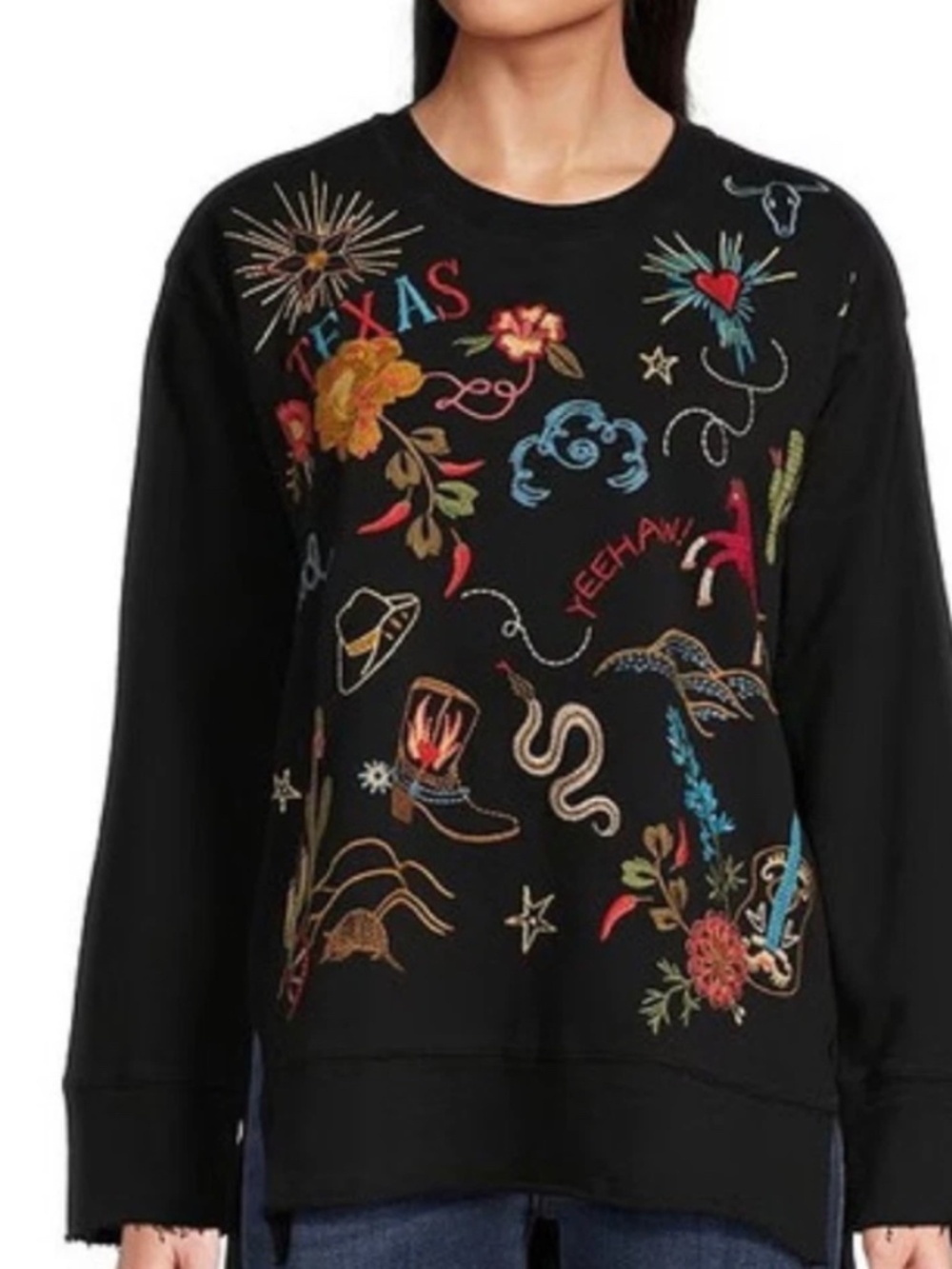 JOHNNY WAS zoe  EMBROIDERED TOP HI -LOW ANIMALS LAND & OCEAN  artsy black M